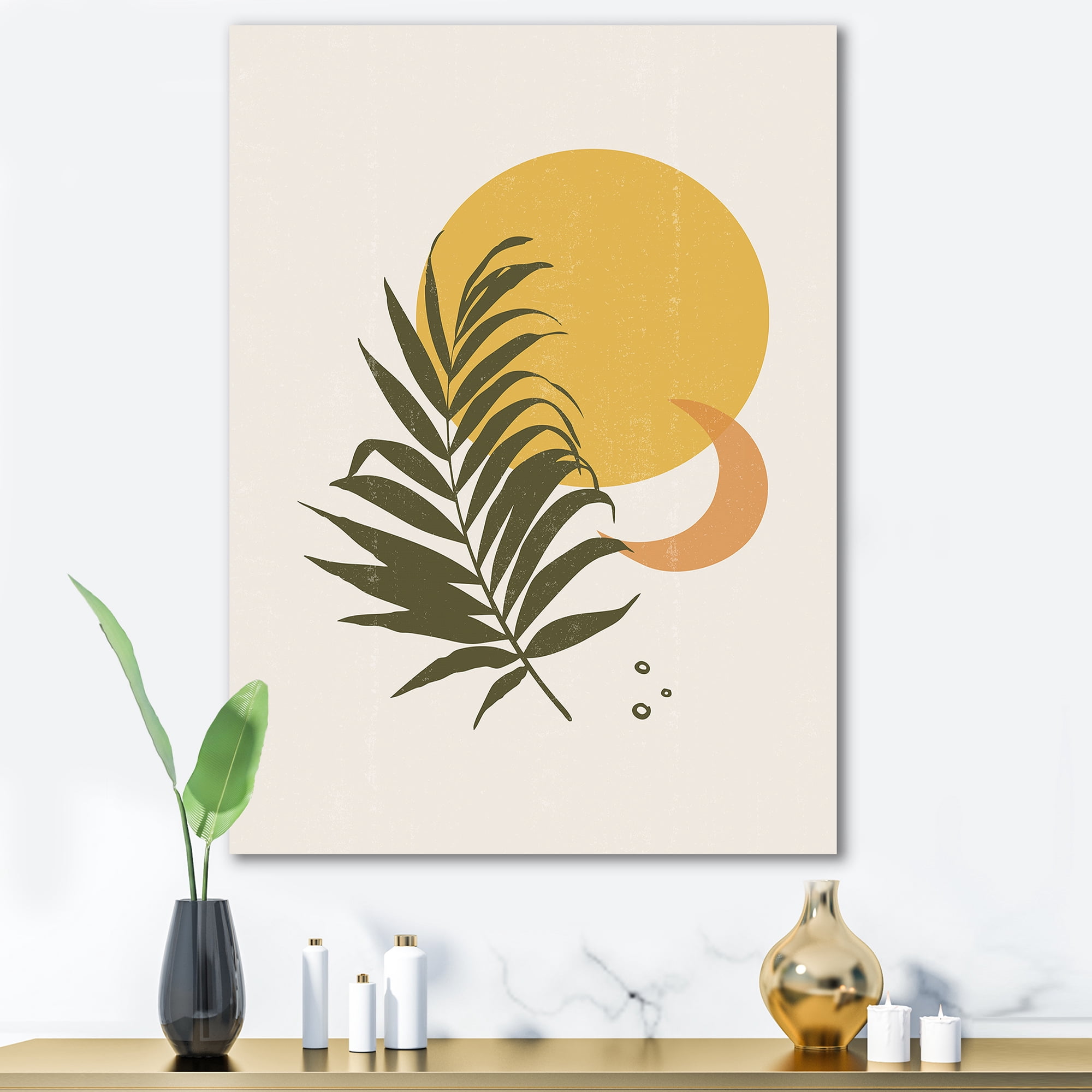 Designart ' Abstract Moon and Yellow Sun With Tropical Leaf I ' Modern Canvas Wall Art Print
