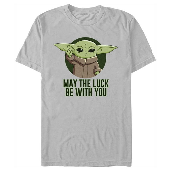 Men's Star Wars: The Mandalorian St. Patrick's Day Grogu May the Luck Be With You Graphic Tee Silver Large