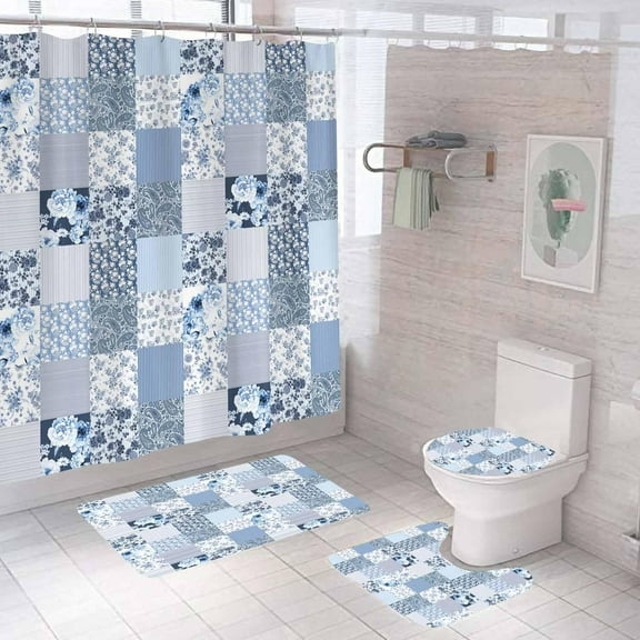 4PCS Patchwork Shower Curtain Sets with Rugs, Waterproof Fabric Shower Curtain, Checkered Floral Plant Peony Rose Botanical Leaves Leaf Aesthetic Country Flower Rustic Farmhouse Bathroom Decor