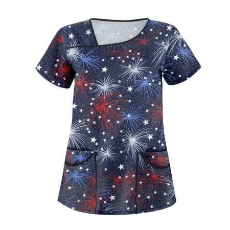 

XHJUN Scrubs for Women Womens Loose Patriotic Scrubs Tops Summer Nurse Short Sleeve V Neck Workwear American Flag Printed Working Uniform Shirt Blouse with Pockets Navy XXL
