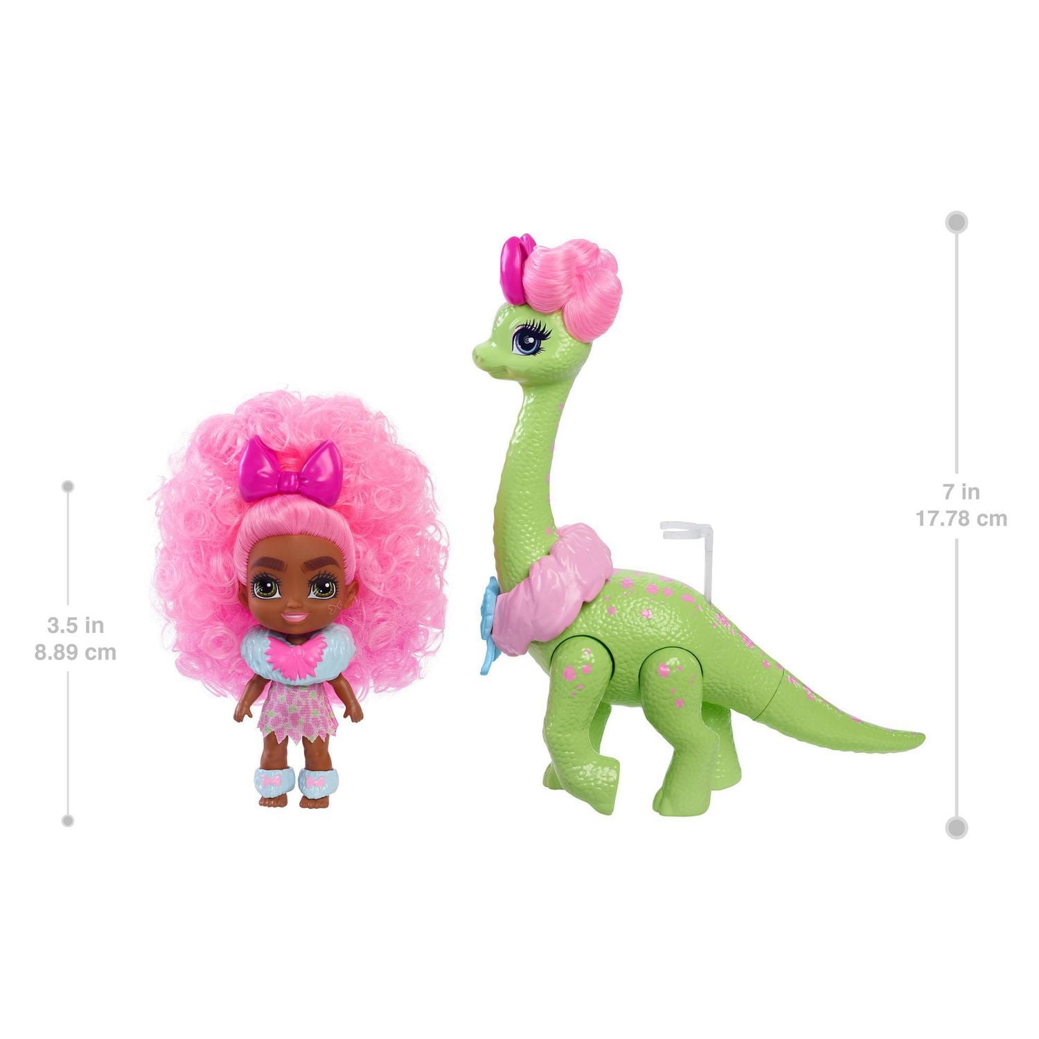 Poupée Bébé Diva Cave Club d’environ 8 cm avec cheveux frisés roses, tenue, accessoires et figurine dinosaure, cadeau à partir de 4 ans