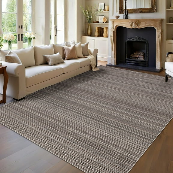 Garvee 10'x13' Modern Stripe Area Rug, Washable Neutral Printed Carpet with Non Slip Rubber Backing, Stain Resistant Accent Floor Carpet for Living Room, Bedroom, Home Office, Brown
