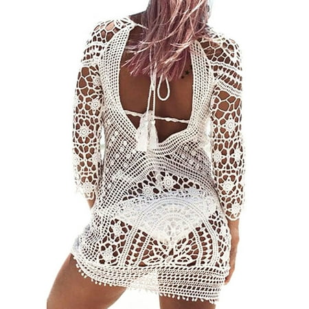 Sexy Swim Cover Ups for Women Beach Bikini Swimwear Floral Lace Crochet Dress Beachwear Backless Hollow Out Bathing Suit