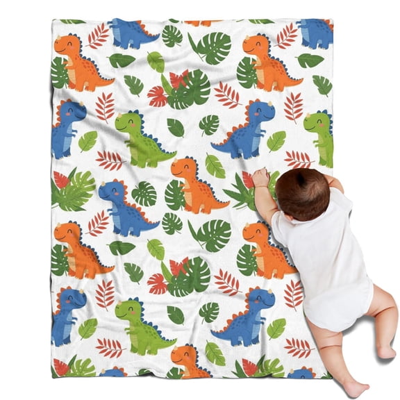 White Cartoon Dinosaurs Leaves Pattern Blanket,Comfortable Soft Flannel Throw Blanket,All Season,Warm Lightweight Blankets for Sofa Bed Couch Living Room Chair,30"x40"