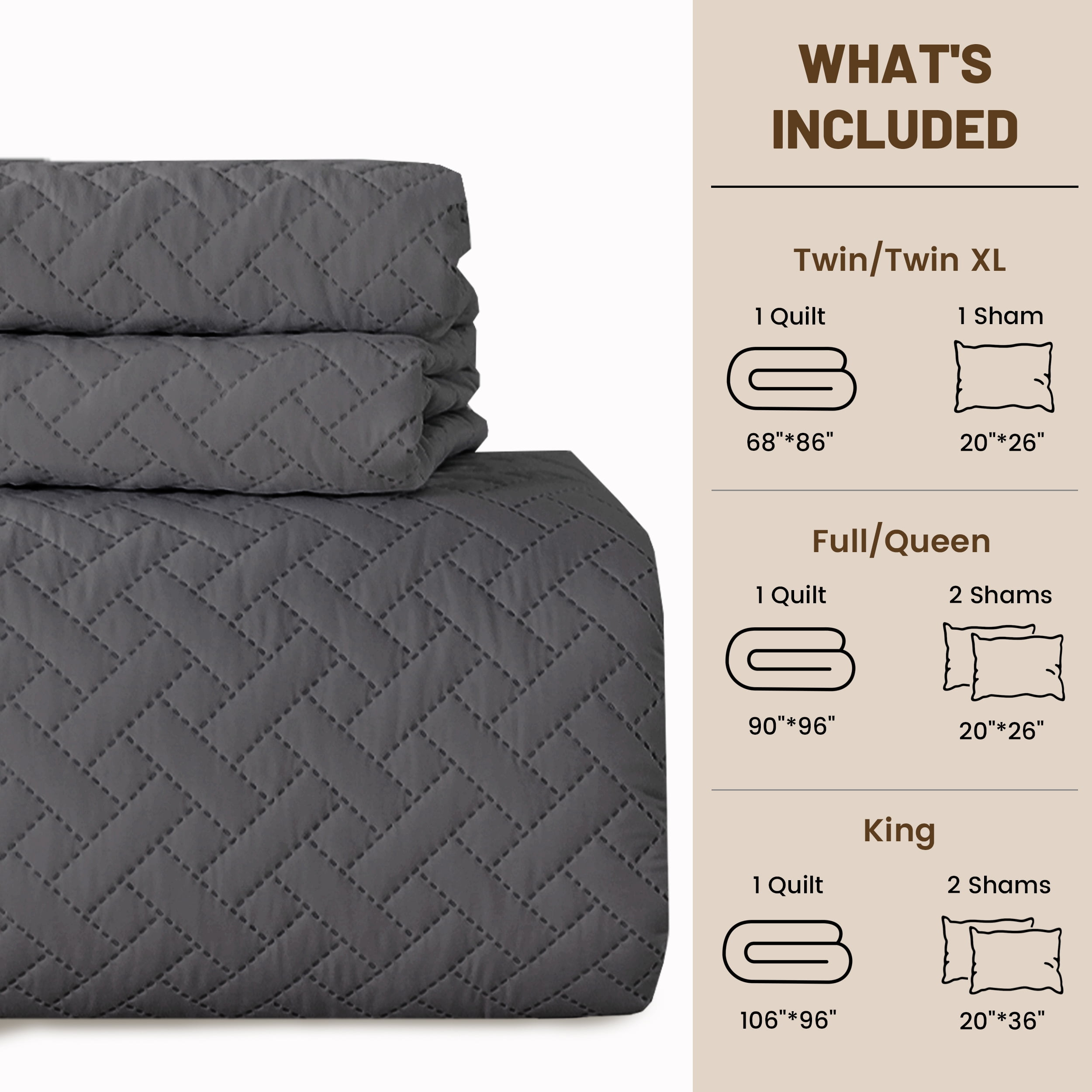 VCCOEM Quilt Set Full/Queen Size Lightweight Bedspreads, All Season Coverlet, 3 Piece (1 Quilt, 2 Pillow Shams), Woven Pattern, Dark Gray