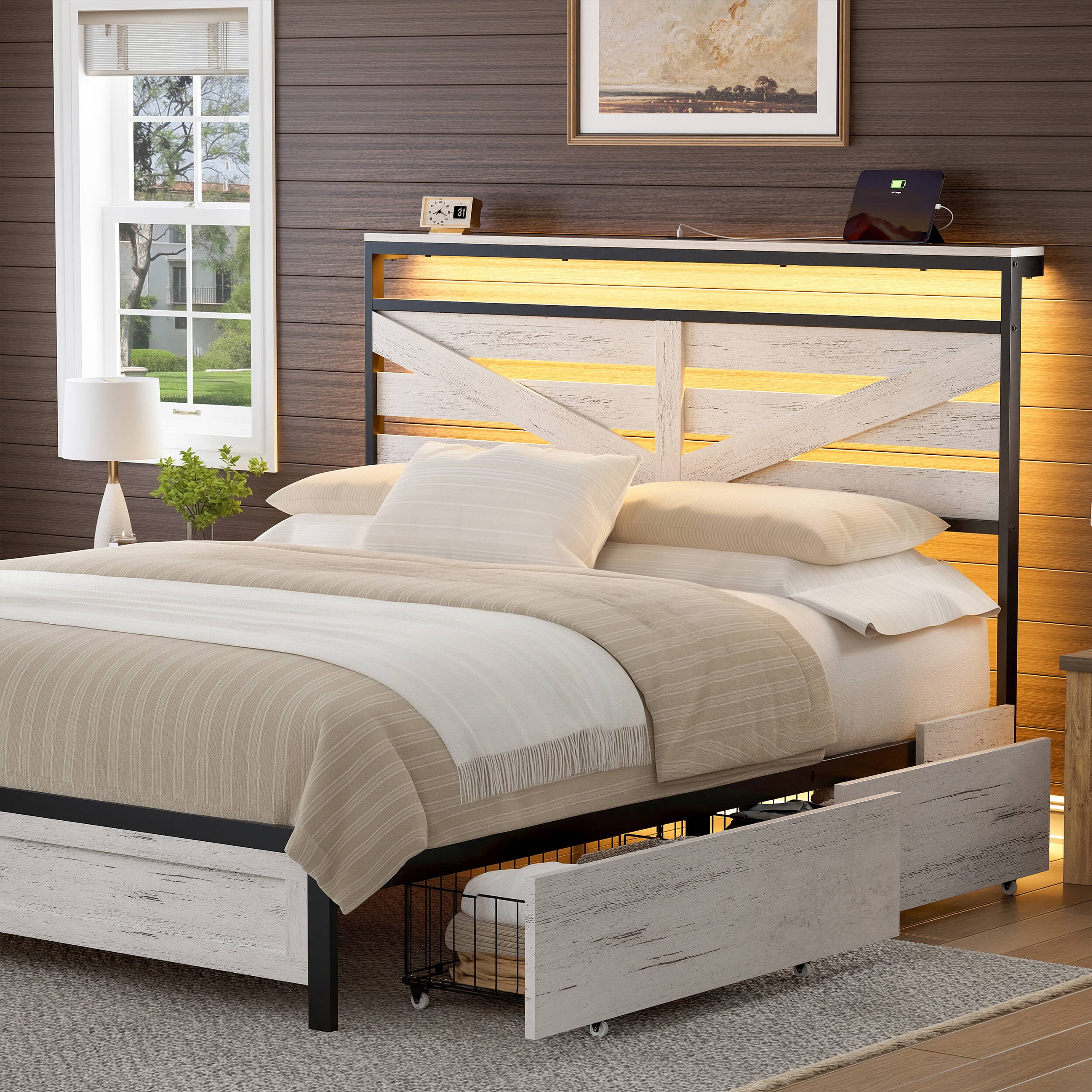 GUNAITO Queen Bed Frame with Storage Headboard & 4 Drawers, Industrial Metal Platform LED Bed with USB Ports & Outlets, Light Gray