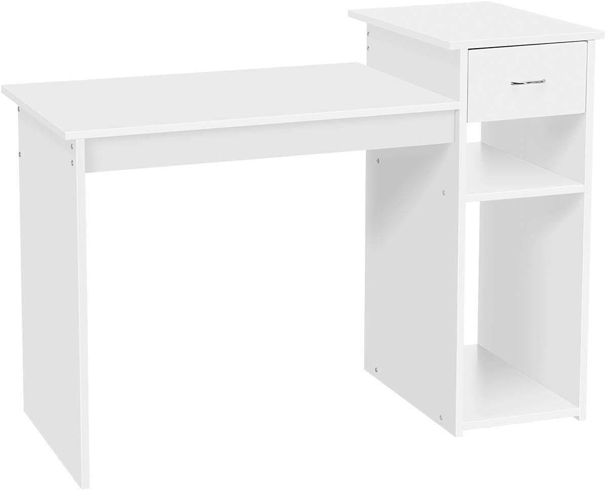 Small White Computer Desk With Drawers And Printer Shelves, Wood Study