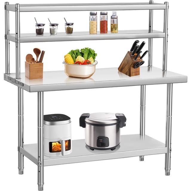 GloryStar Table de Travail de Cuisine Commerciale Robuste, Banc de Préparation des Aliments en Acier Inoxydable avec Tablette de Rangement, Tablettes Supérieures Ajustables et Crochets, Îlot de Cuisine Fonctionnel pour Environnements de Restaurant