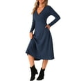 thumbnail image 4 of INSPIRE CHIC Knit Dresses for Women's Ribbed Midi Deep V Long Sleeve Wrap A-Line Dress L Navy Blue, 4 of 6