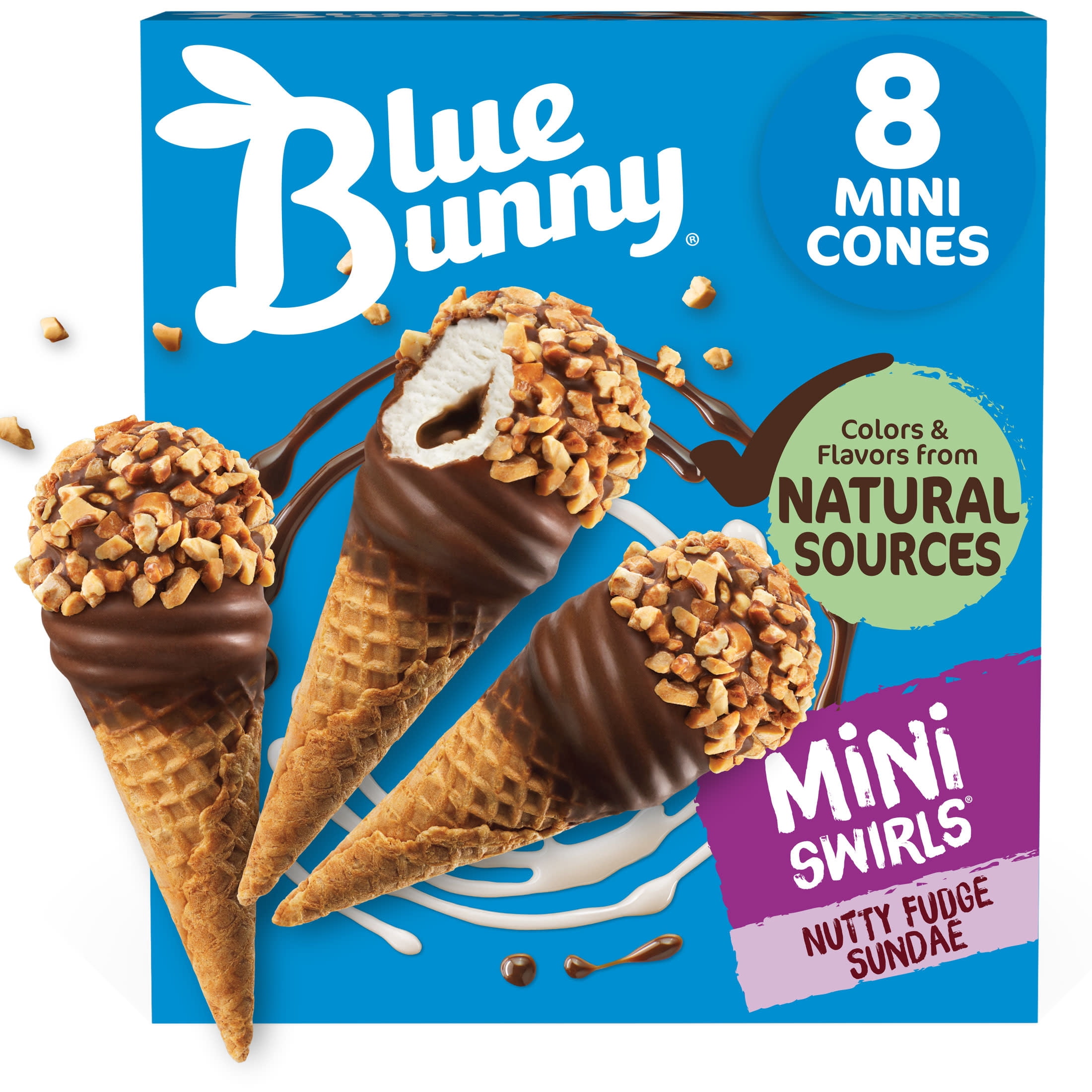 Blue Bunny Mini Swirls Nutty Fudge Sundae Cones Frozen Dessert, 8 Pack
