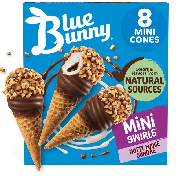 Blue Bunny Mini Swirls Nutty Fudge Sundae Cones Frozen Dessert, 8 Pack