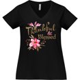 thumbnail image 3 of Inktastic Thankful and Blessed Inspirational Saying with Pink Flowers Women's Plus Size V-Neck T-Shirt, 3 of 5