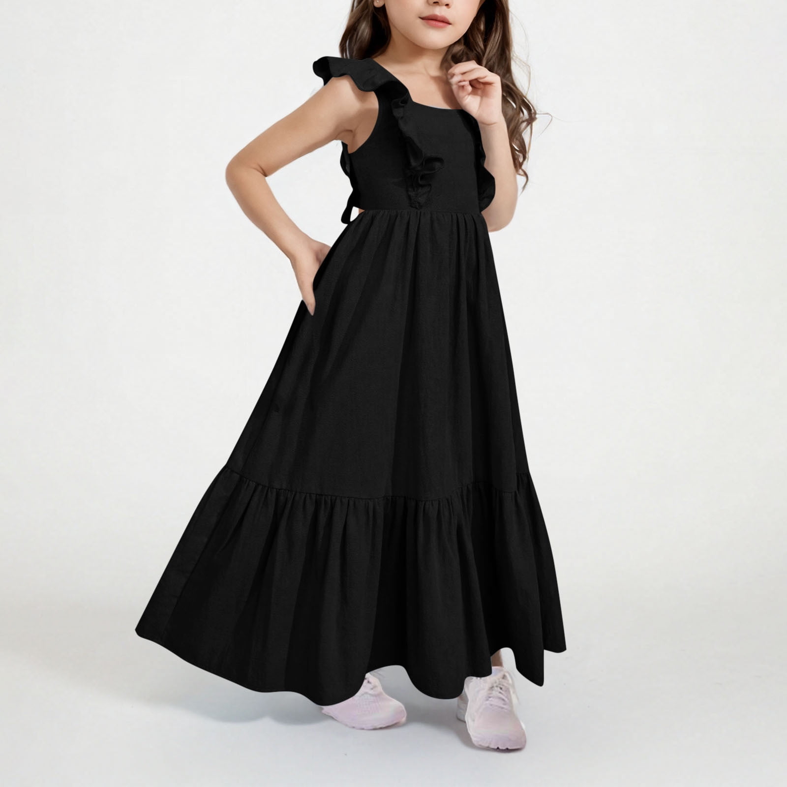 Cotton Linen Dresses for Girls Summer Size 4-15 Teens Kids Trendy Bowknot Backless Ruffle Sleeveless A-Line Beach Maxi Sundresses