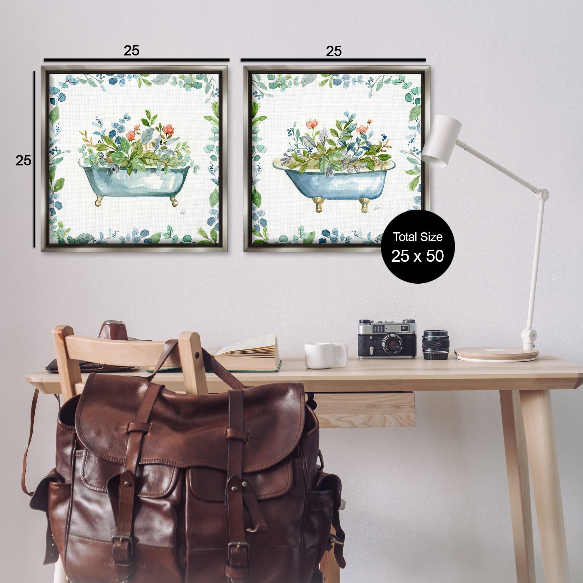 Stupell Industries Charming Flower Filled Tub Bath & Laundry Painting Gray Floater Framed Canvas Art Print Wall Art, 25 x 25, Set of 2