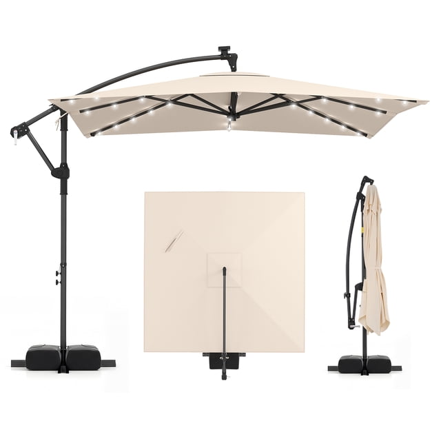 Costway 8 x 8 FT Solar LED Offset Cantilever Patio Umbrella, Square Hanging Outdoor Beige