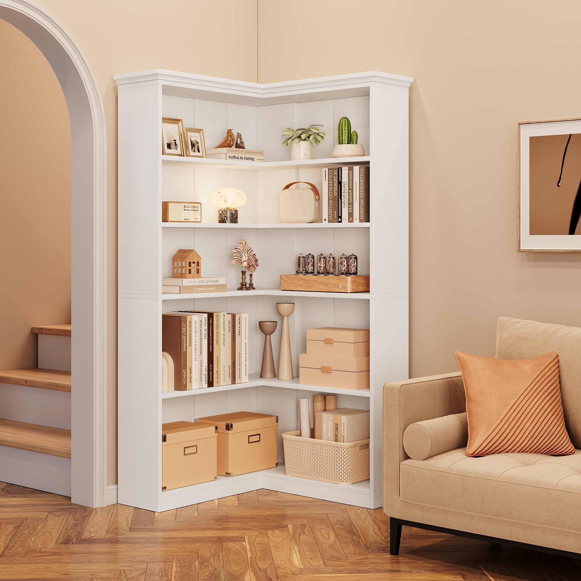 72" Corner Bookshelf, 5-Tier Corner Bookcase, Open Display Storage Rack, Tall L Shaped Bookshelf for Home, Office, Living Room
