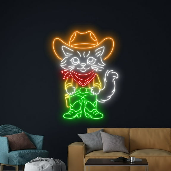 Handmadetneonsign Cowboy Cat Neon Sign, Western Cat Pet Neon Led Art Decor, Cowboy Hat Wall Decor