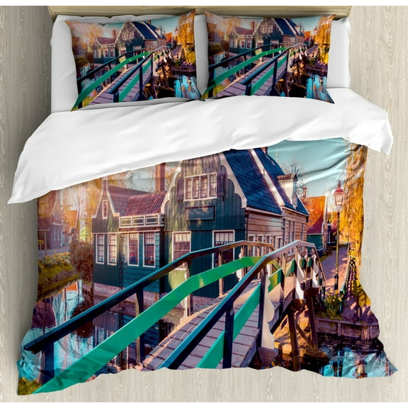 Netherlands Duvet Cover Set Queen Size, Typical Dutch Village Zaanstad in a Sunny Spring Day Picture House and a Bridge, Decorative 3 Piece Bedding Set with 2 Pillow Shams, Multicolor, by Ambesonne