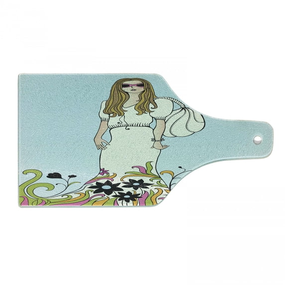 Girl Power Cutting Board, Vintage Sixties Hippie Fashion Woman Civil Rights Movement Themes Floral Motifs, Decorative Tempered Glass Cutting and Serving Board, in 3 Sizes, by Ambesonne