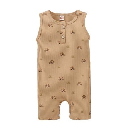 

Nokpsedcb Infant Baby Boys Girls Summer Jumpsuit Rainbow Print Sleeveless One-Piece Bodysuit Knit Ribbed Romper Khaki 0-3 Months
