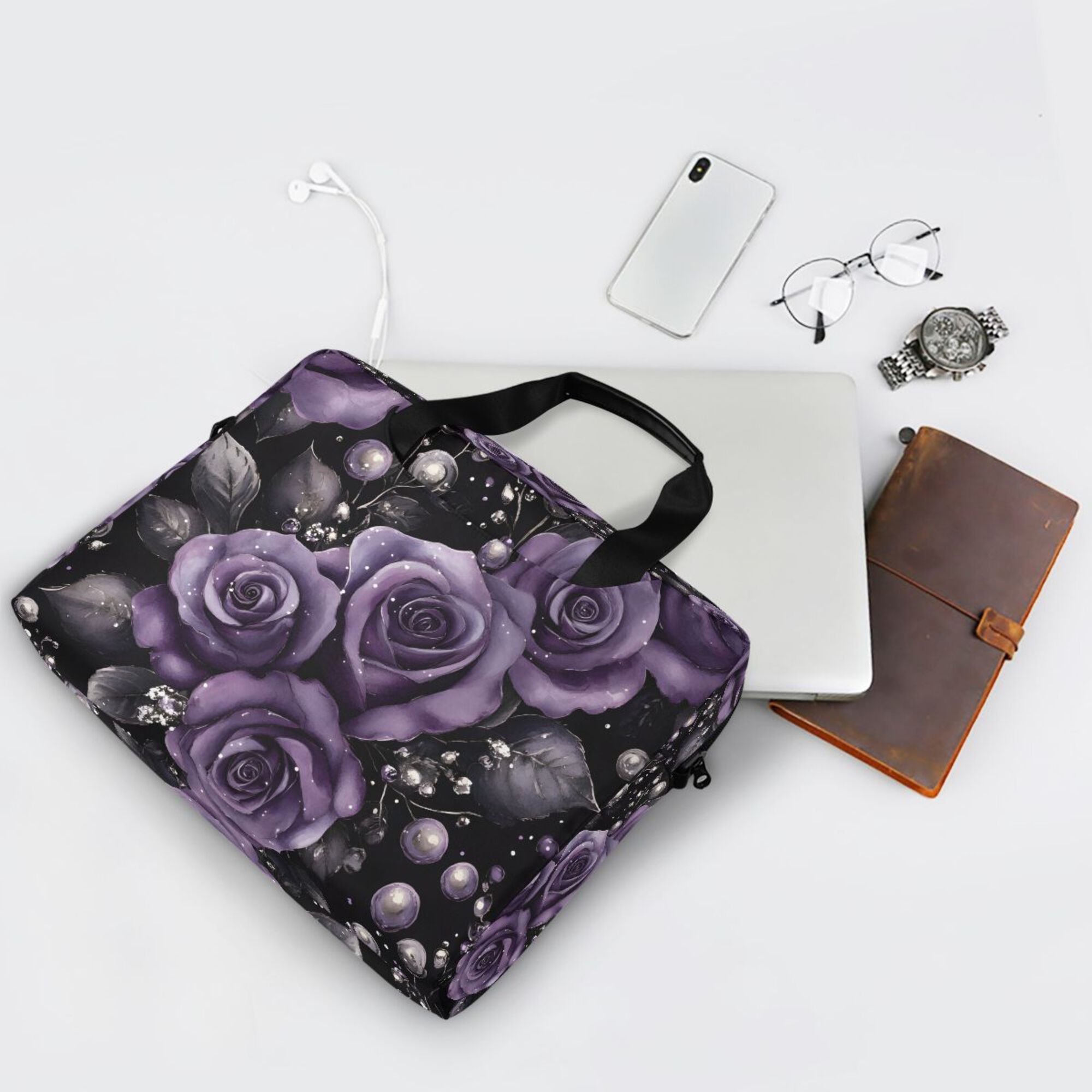 FORMRS 16" Laptop Bag Carrying Sleeve Case with Handle Travel Shoulder Briefcase, Purple Roses