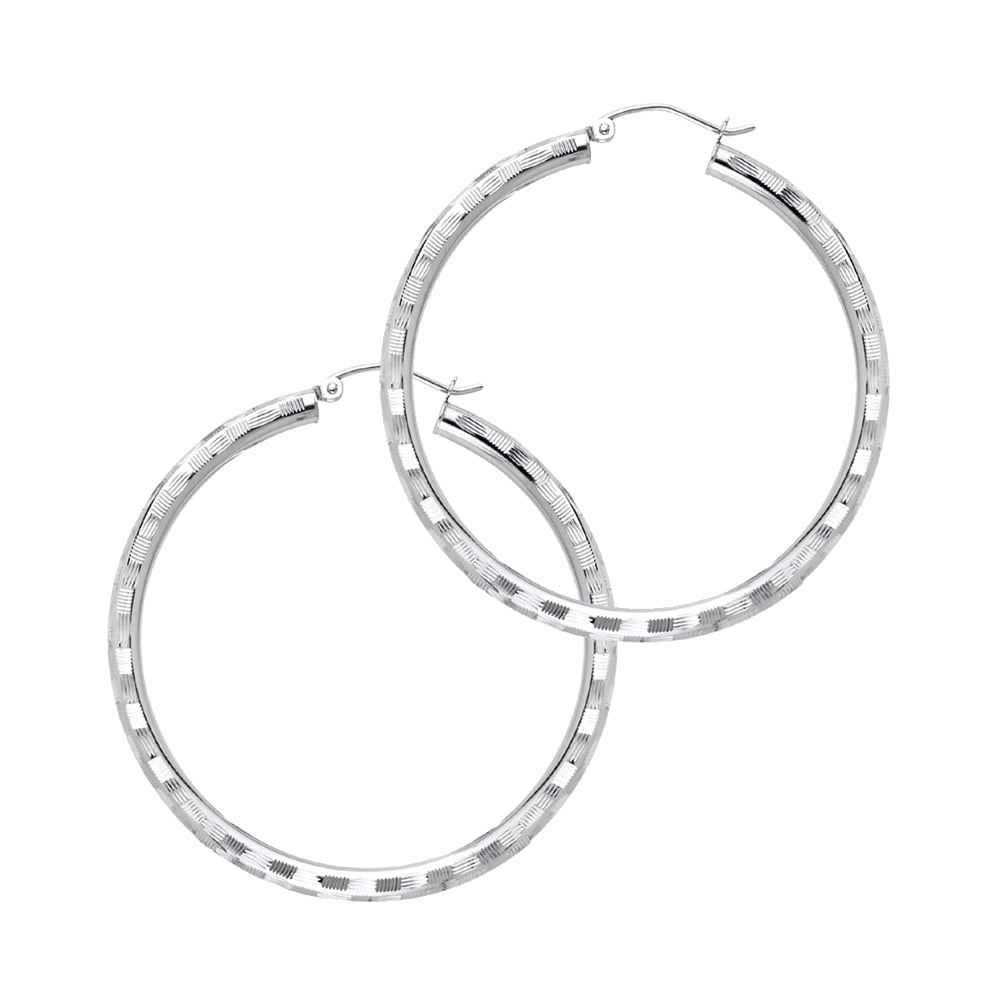 14k White Gold 3mm Thick Diamond-Cut Hoop Earrings , (35mm X 35mm ...