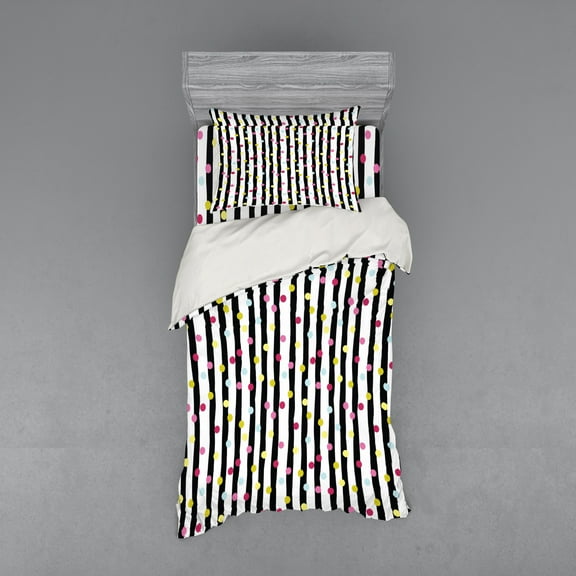 Ambesonne Abstract Bedding Set 3 Pcs, Colorful Dots and Stripes, Twin XL, Multicolor
