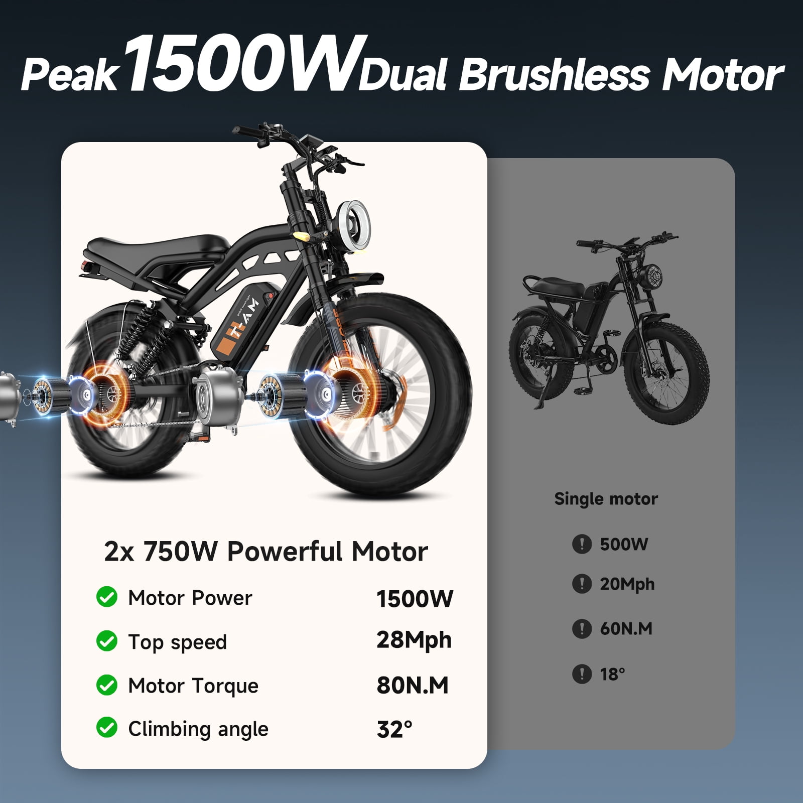 Dual Motors Electric Bike for Adults 20'', 1500W E-Mountain Bike 48V 15Ah UL2849 Removable Battery, Fat Tire Ebike up to 32MPH&60 Miles Range Off Road Hydraulic Disc Brake E-Bicycle