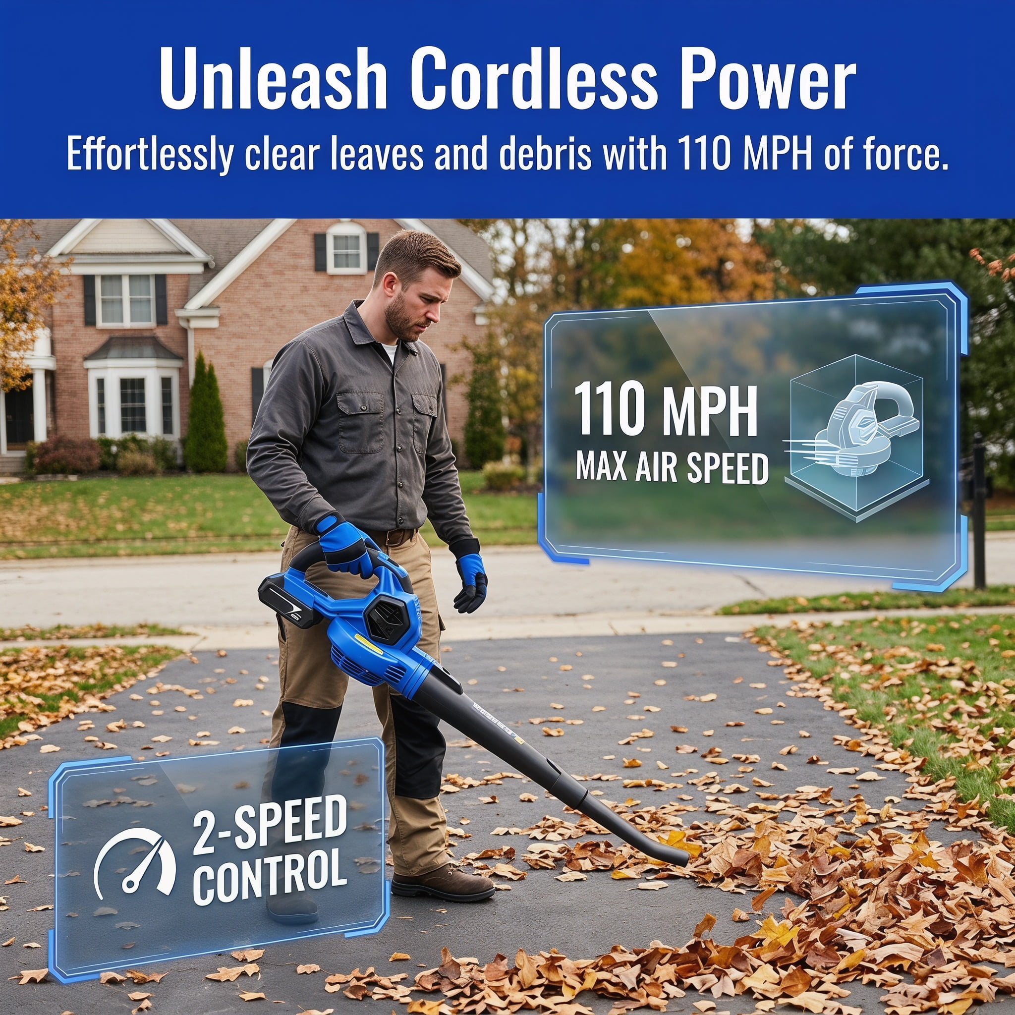 Zateety Cordless Leaf Blower, Electric Leaf Blower with Battery and Charger, 20V 2-Speed 110 mph Battery Powered Blower for Lawn Care Patio Leaves Snow