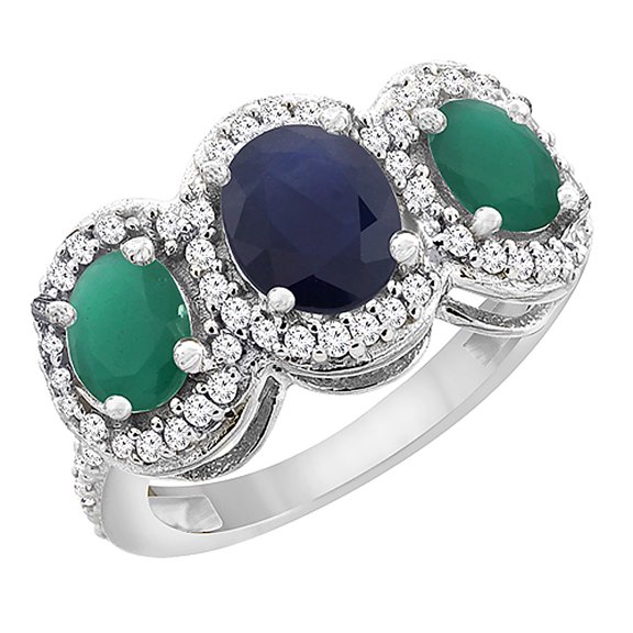 14K White Gold Natural Blue Sapphire & Emerald 3-Stone Ring Oval Diamond Accent, size 5