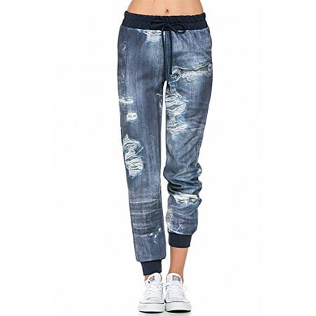 Denim Pocket Designs - Sassy Apparel Women's Trendy and Fashionable Print Jogger Pants with Pockets (Small, Denim)