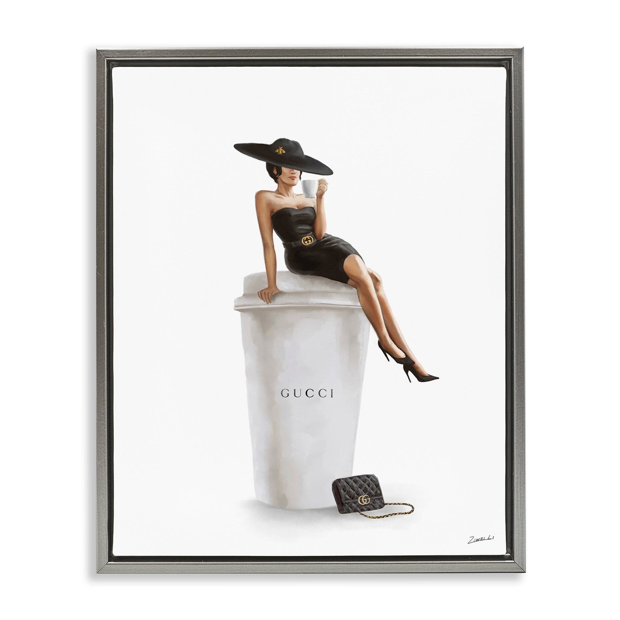 Stupell Industries Stylish Fashion Female Pose Coffee Designer Purse Luster Gray Framed Floating Canvas Wall Art, 16x20, by Ziwei Li
