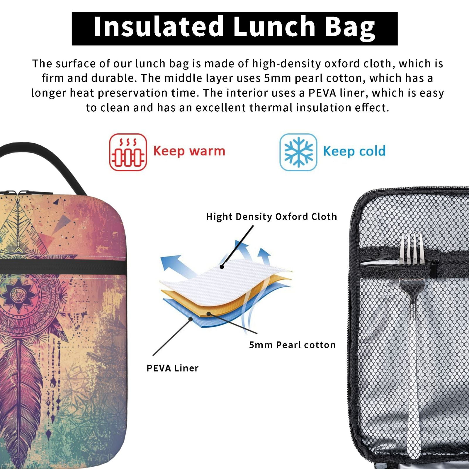 Boho Lunch Box Reusable Portable Lunch Bag Tote Bag for Work Picnic Hiking