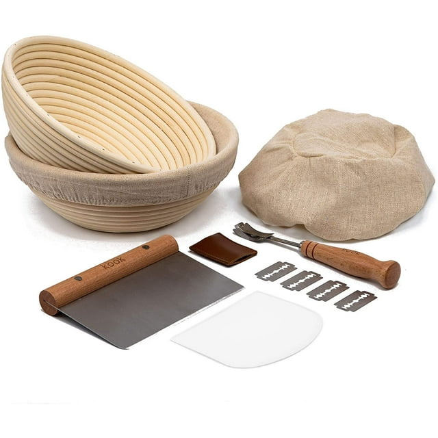 Set para hornear pan de masa madre KooK con 2 banneton de ratán de 23 cm