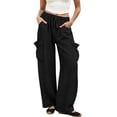 thumbnail image 7 of Women's Linen Wide Leg Cargo Pants Elastic Drawstring Waist Casual Loose Trousers With Pockets, 7 of 7
