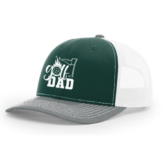Golf Dad Golfer Men's Embroidered Mesh Back Trucker Hat, Dark Green/Heather/White