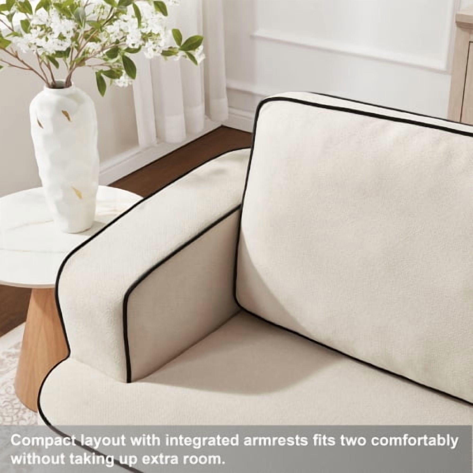 Double Seat Sofa with Integrated Handrail, Space Saving Loveseat for Studio Apartment, Small Living Room, Bedroom, No Assembly Required, Alabaster
