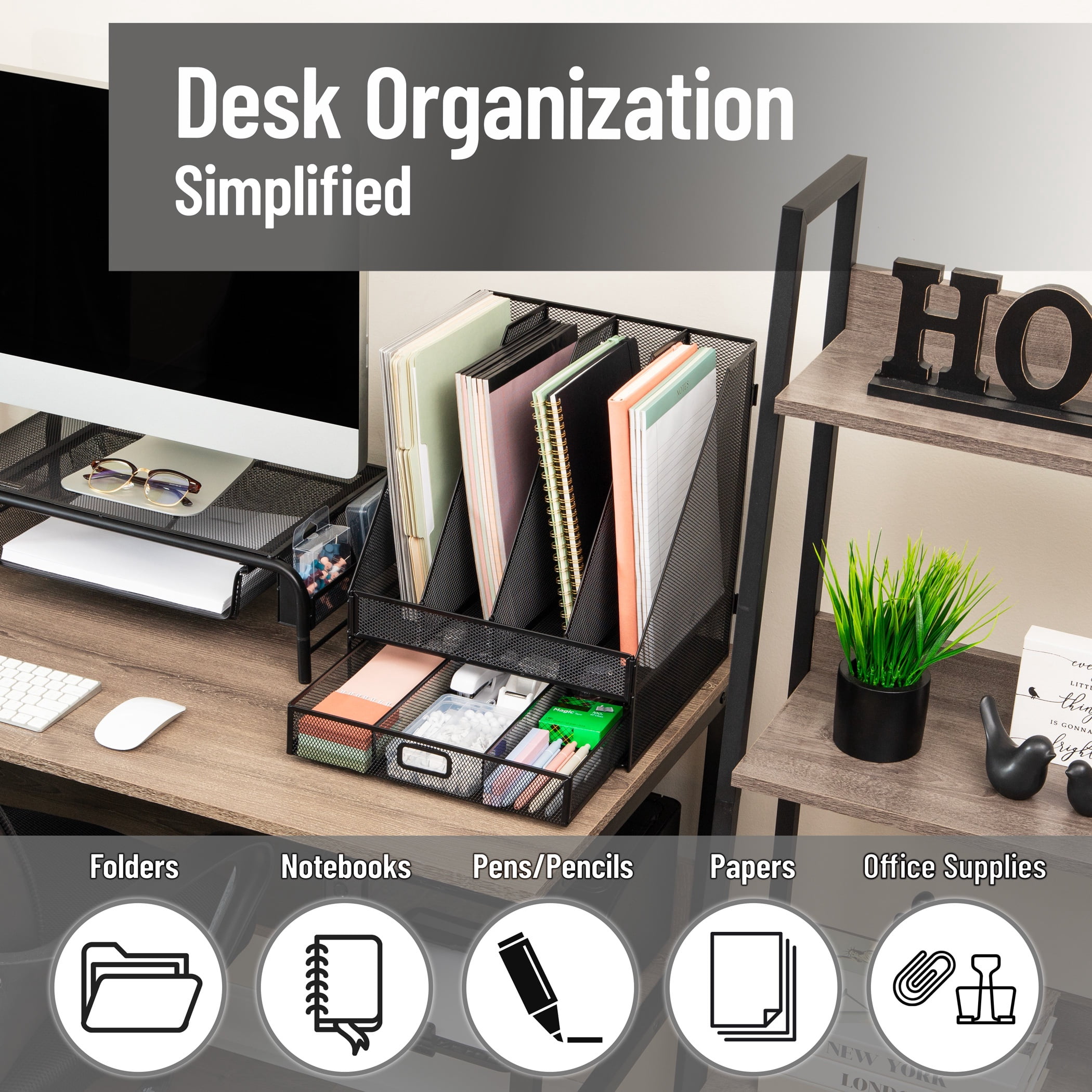 Mind Reader Mesh File Organizer with Drawer, 4 Slot Vertical File Holder with Removable Dividers, Desktop Organizer, Black