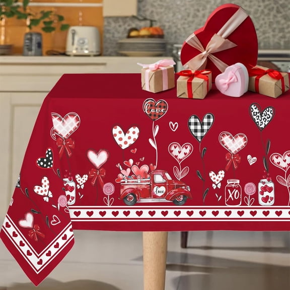 Rectangle Valentine''s Day Tablecloth 60x102 Inch, Valentine''s Day Tablecloth Polyester Waterproof Table Cloth, Love Heart Candy Valentines Day Wedding Decoration Red