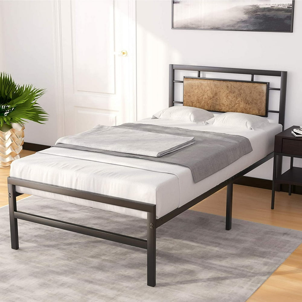 mecor Vintage Metal Twin Bed Frame Rustic Brown Upholstered Faux