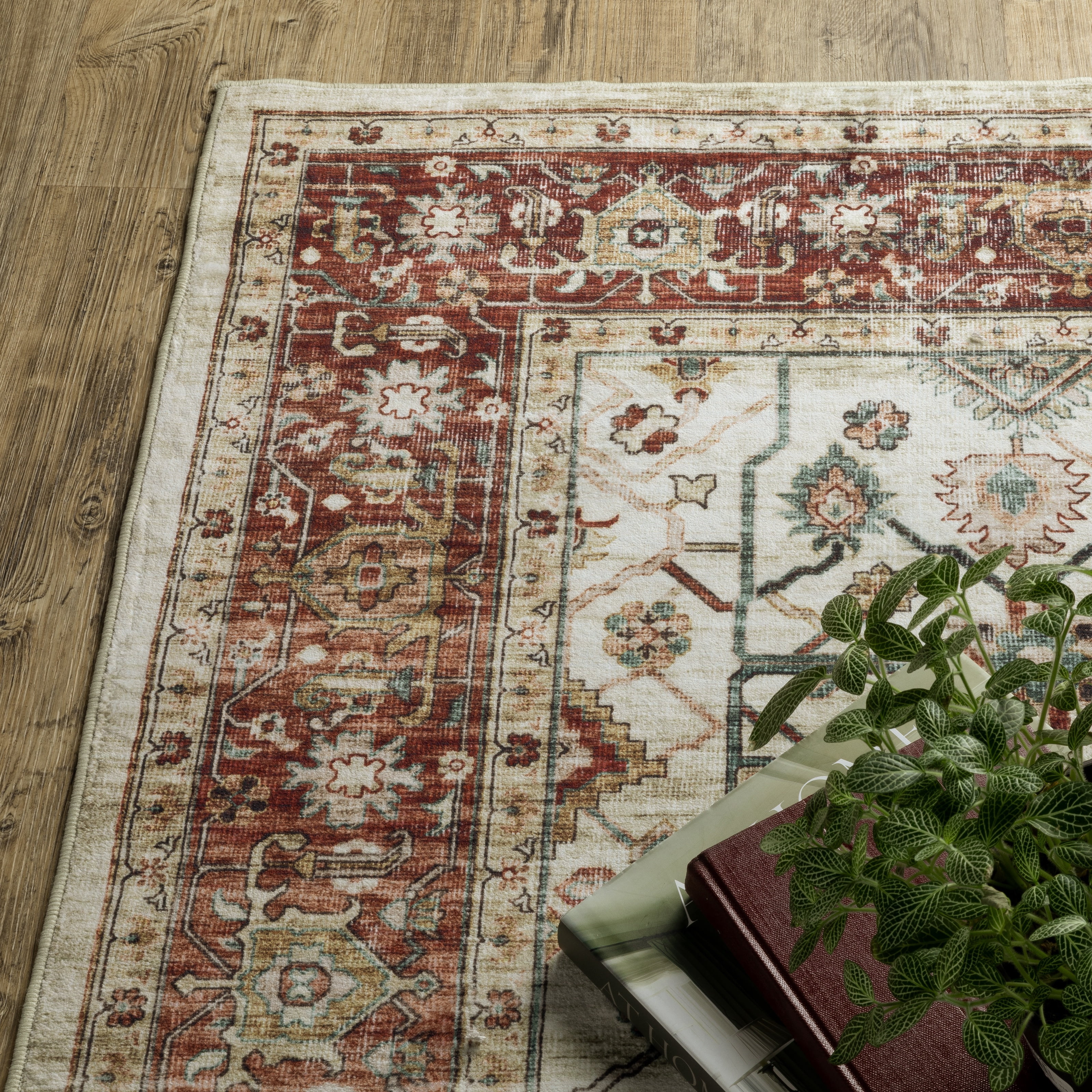 Avalon Home Sebastian Vintage Bordered Ivory/ Rust Red Washable Indoor Area Rug