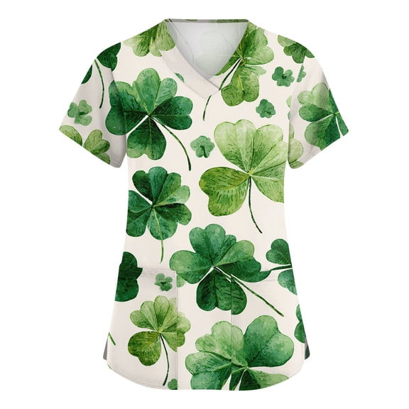 St. Patrick's Day Scrubs Tops for Women Irish Shamrock Printed Short Sleeve Nurse Uniforms Workwear Stretchy V Neck Festival Scrub Shirts