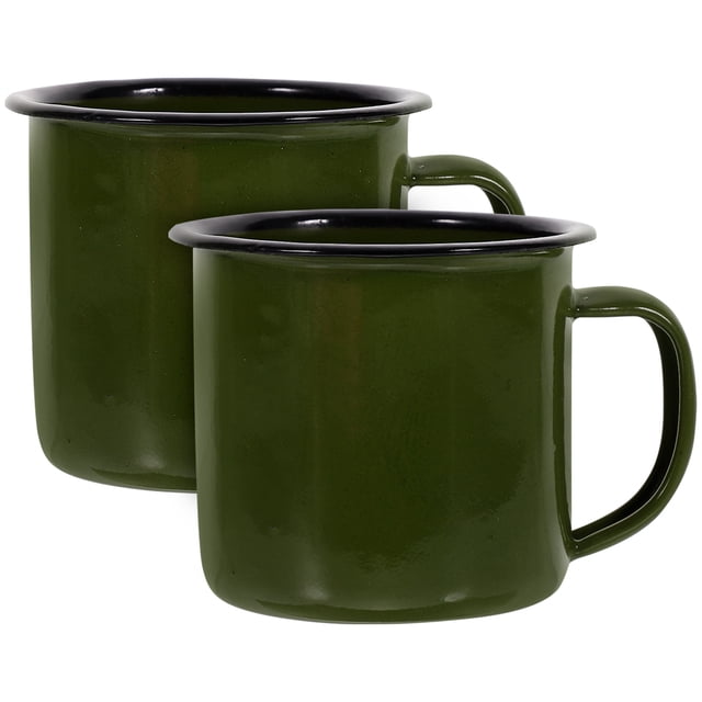 Miangastore 2Pcs Household Milk Mugs with a vintage green iron finish and black rim, ideal for coffee, milk, or tea. These retro drinkware pieces feature anti-slip handles for comfortable grip and are durable for daily use, often used for camping or outdoor activities.