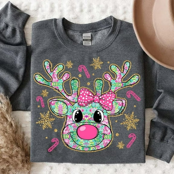 Colorful Glitter Christmas Reindeer Sweater, Kids Girly Christmas Pullover, Bright Dalmatian Dots Christmas Bow Sweater