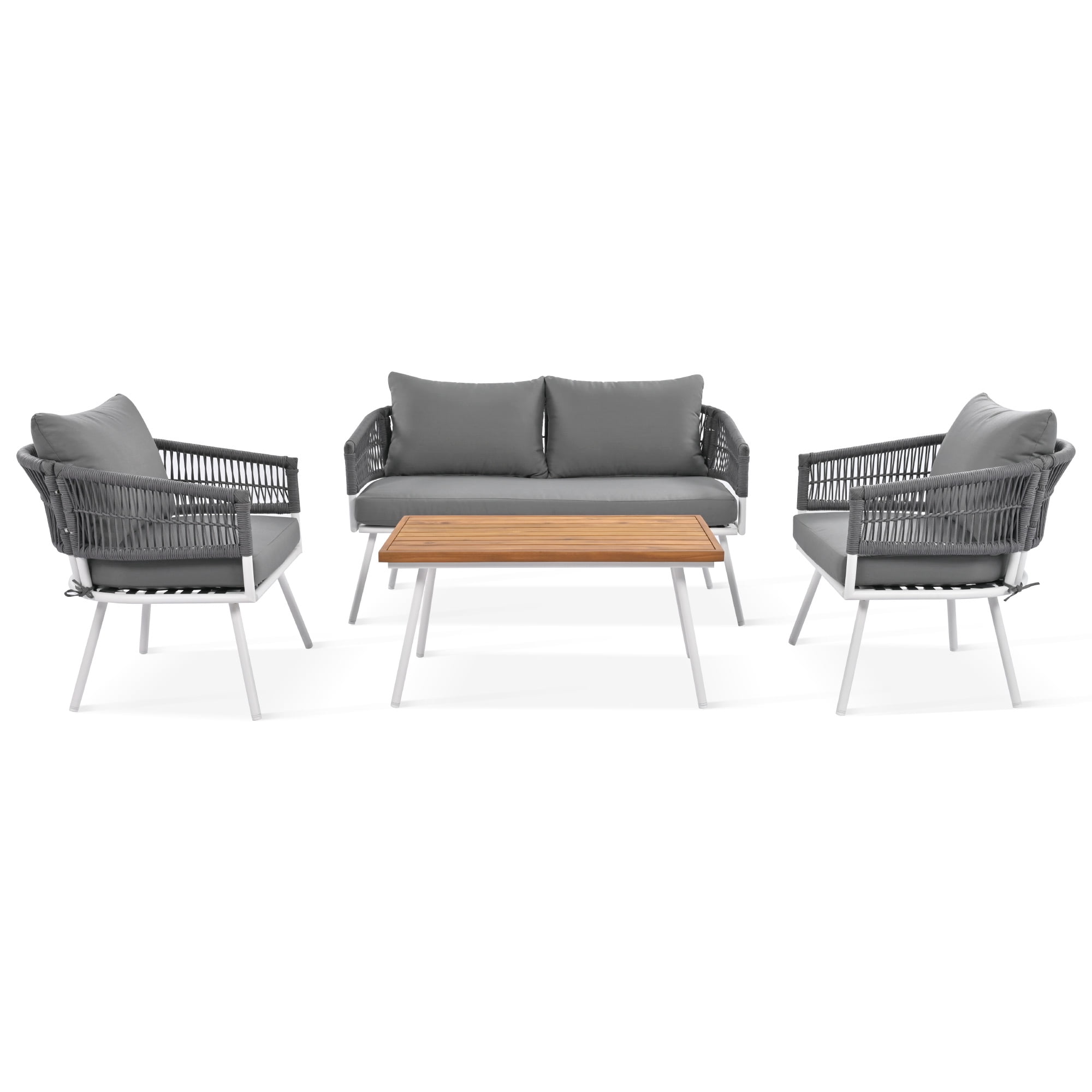 Aimee Lii 4-Pieces Boho Patio Furniture Set, Patio Conversation Set with Acacia Wood Table and Thick Cushion, Outdoor Furniture for Backyard Porch Balcony, Gray Aimee Lii 4-Pieces Boho Patio Furniture Set, Patio Conversation Set with Acacia Wood Table and Thick Cushion, Outdoor Furniture for Backyard Porch Balcony, Gray