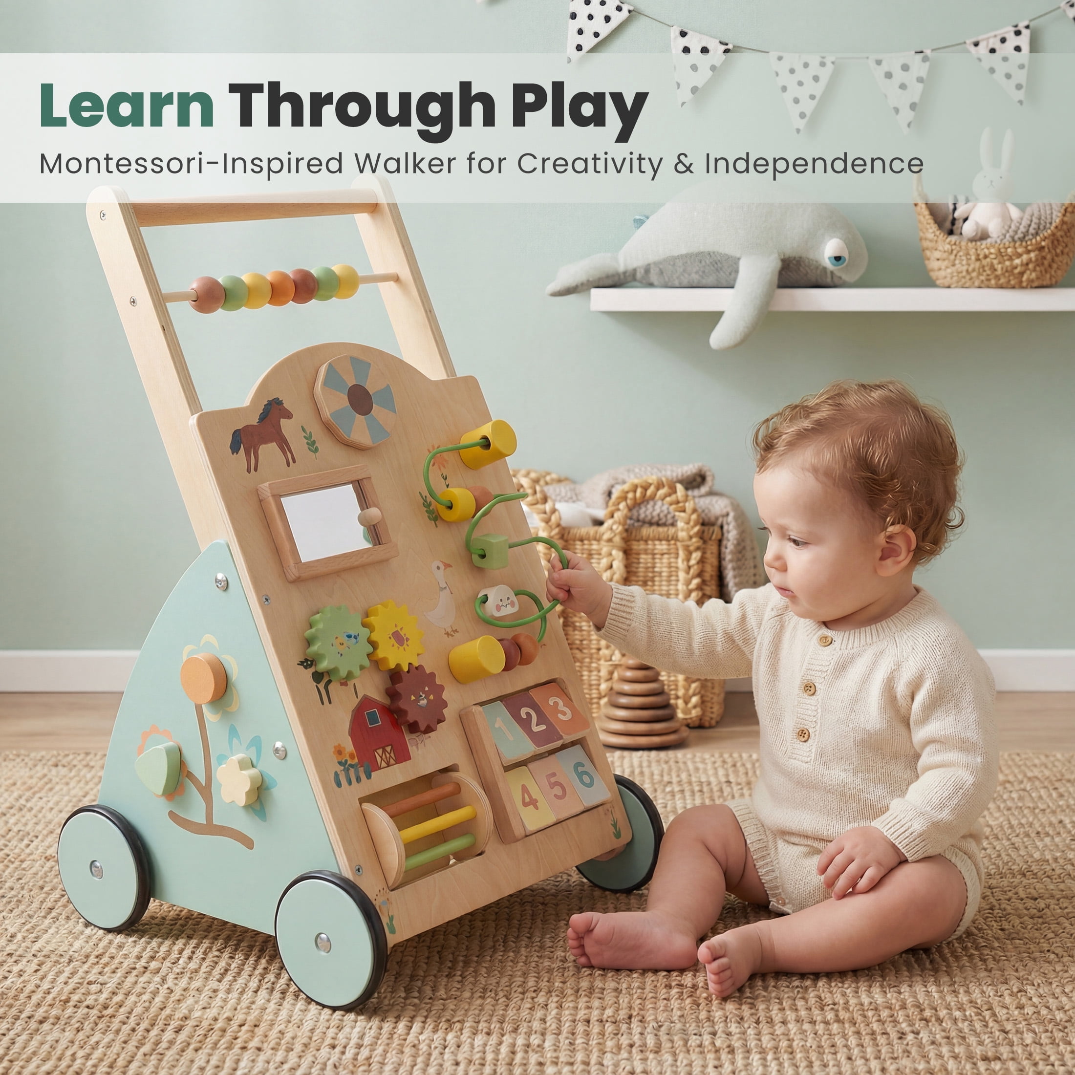 EDX Wooden Baby Walker, Adjustable Speed Montessori Learning Toy with Activity Center, Silent Rubber Wheels for Babies 12 Months, Wood