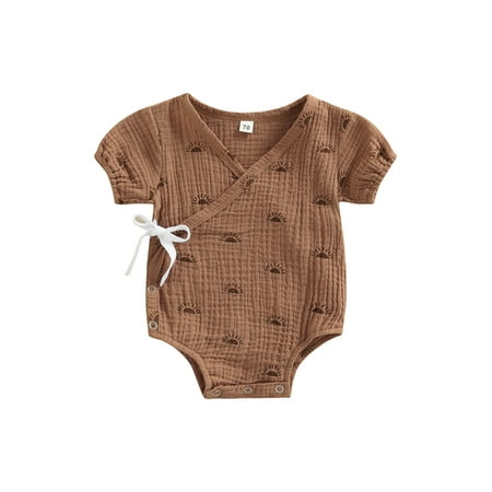 

Frobukio Infant Baby Boys Girls Kimono Romper Short Sleeve Sun Print Wrap V Neck Bodysuit Robe Japanese Pajamas Brown 6-12 Months