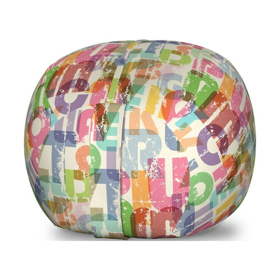 Alphabet Storage Toy Bag Chair, Modern Design of Big Energetic ABC Silhouettes in a Grungy Theme, Stuffed Animal Organizer Washable Bag, Large Size, Eggshell and Multicolor, by Ambesonne