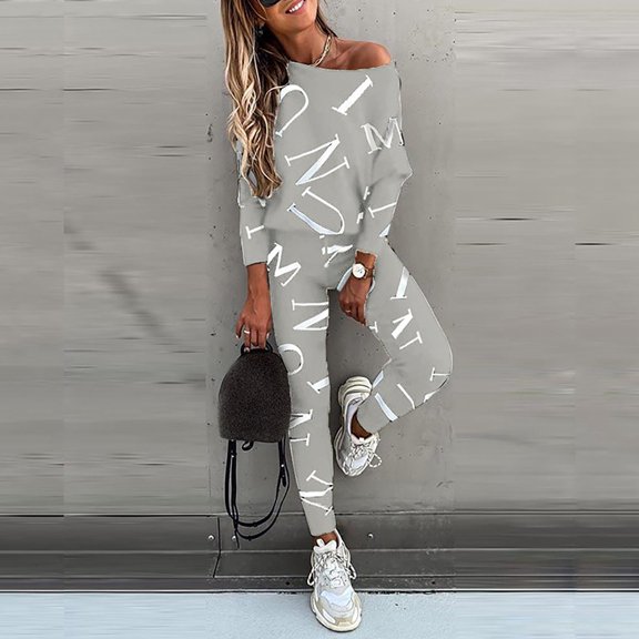 Zpanxa Women's Casual Fashion Printed Bat Sleeve Trousers Casual Sports Women's Suit High Waisted Sports Athletic Lounge Pants with Pockets Relaxed Fit Straight Leg Pant Gray M