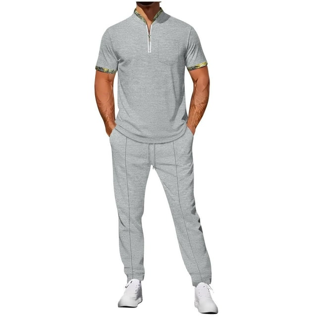 Npasoilc Ensembles pour Hommes Mode Décontractée Manches Courtes Col Rabattu Pantalon Ensemble Deux Pièces Taille Élastique Survêtement
